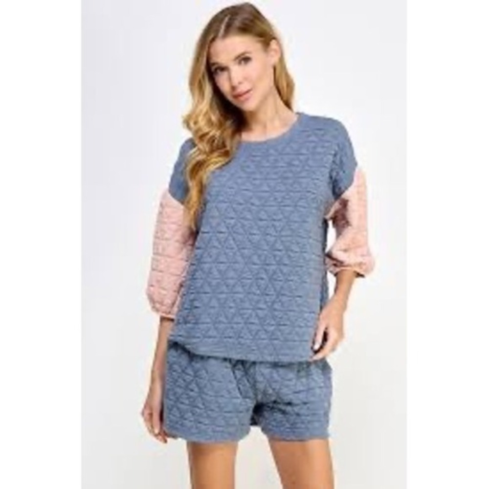 See N Be Seen Women 2X Quilted Lounge Set Blue Pink Puff Sleeve Top Shorts